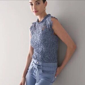 NWT White House Black Market Cornflower Blue Lace Velvet Cap Sleeve Blouse Top